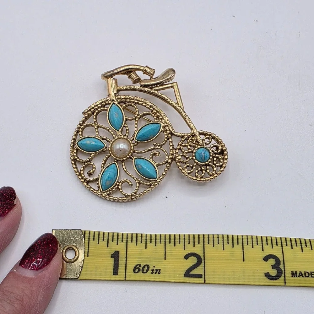 Vintage Bicycle Brooch Gold Tone‎ Turquoise Enamel Pearl Accents Pin Intricate